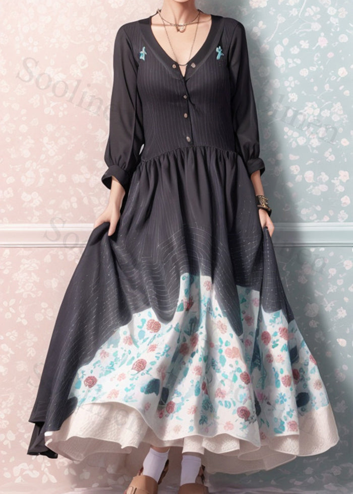 French Black Exra Large Hem Silm Fit Silk Vestidos Dress Summer