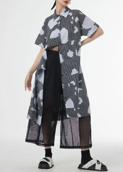 Unique Black Striped Print Patchwork Cotton Long Shirts Summer