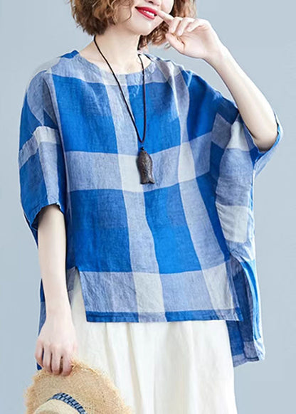 Blue Low High Design O-neck Plaid Linen Top Long Sleeve