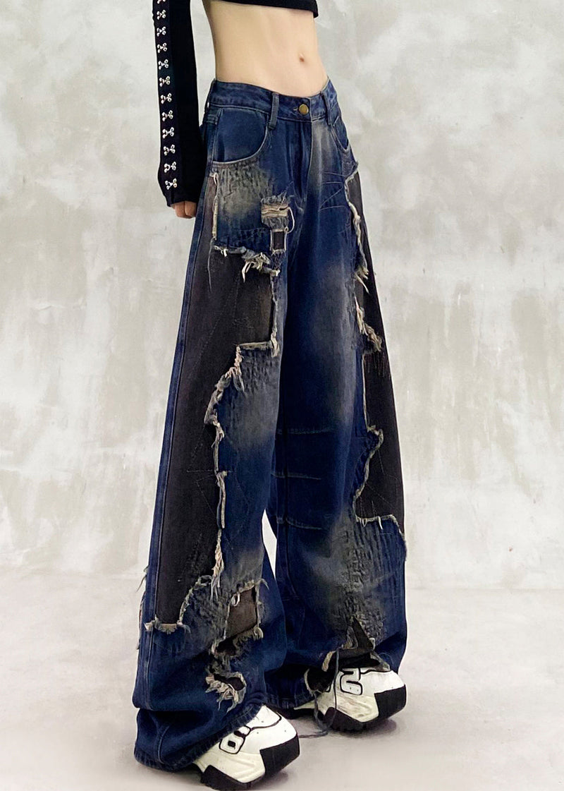 Unique Navy Ripped Patchwork Denim Straight Pants Spring