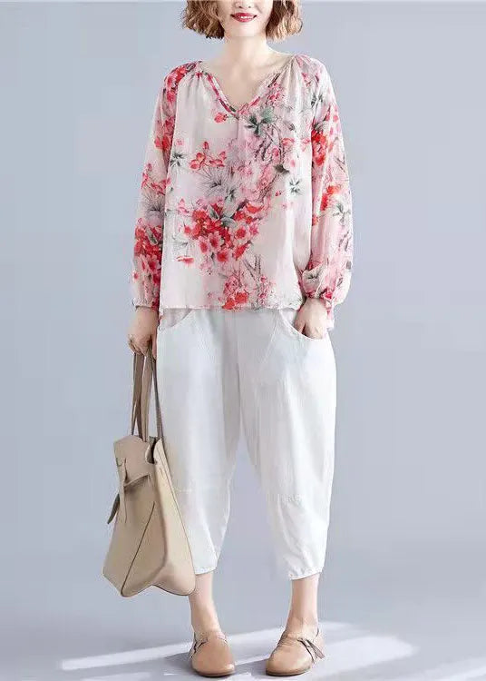 Blue V Neck Print Tops Lantern Sleeve