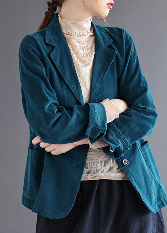 Blue Peterpan Collar Pockets Button Patchwork Fall Corduroy Coat