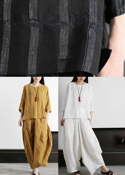 Original Loose Black Embroideried Striped Tops and Harm Pants Linen Two Pieces Set Summer