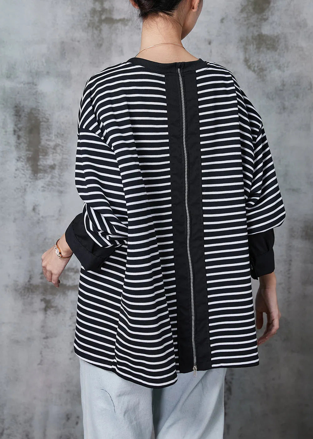 Black Zip Up Striped Cotton Pullover Spring