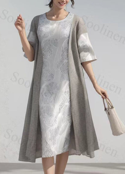 O-neck Patchwork Fake Two Pieces Silk Long Dress Summer
