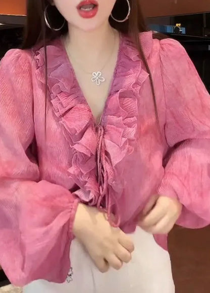 French Pink Tie Lace Top Lantern Sleeve