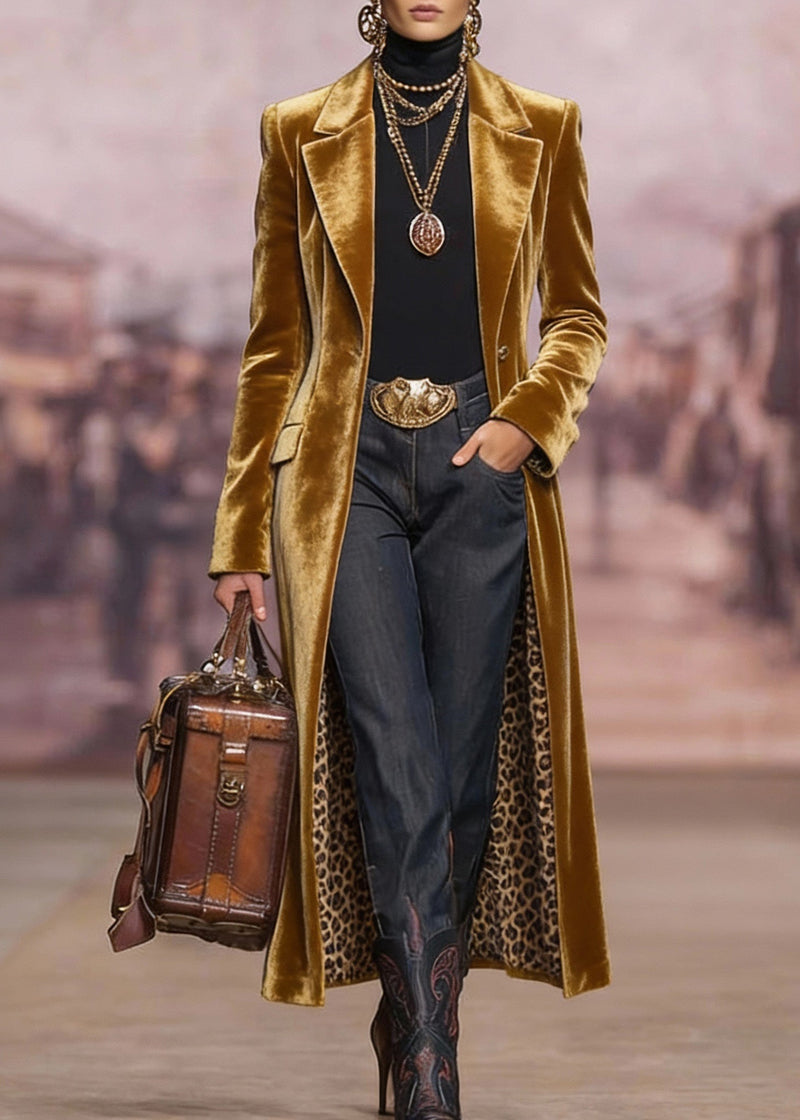 Yellow Peter Pan Collar Pockets Velvet Trench Spring