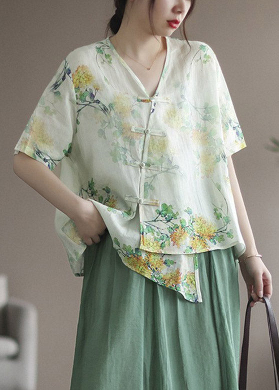 Green V Neck Asymmetrical Print Button Linen Shirts Short Sleeve