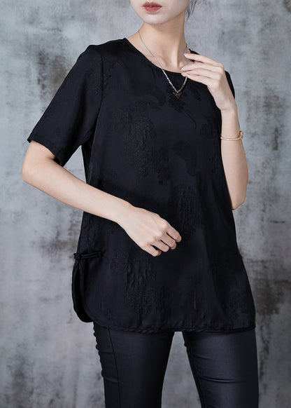 Black Jacquard Chinese Button Silk Tops Summer