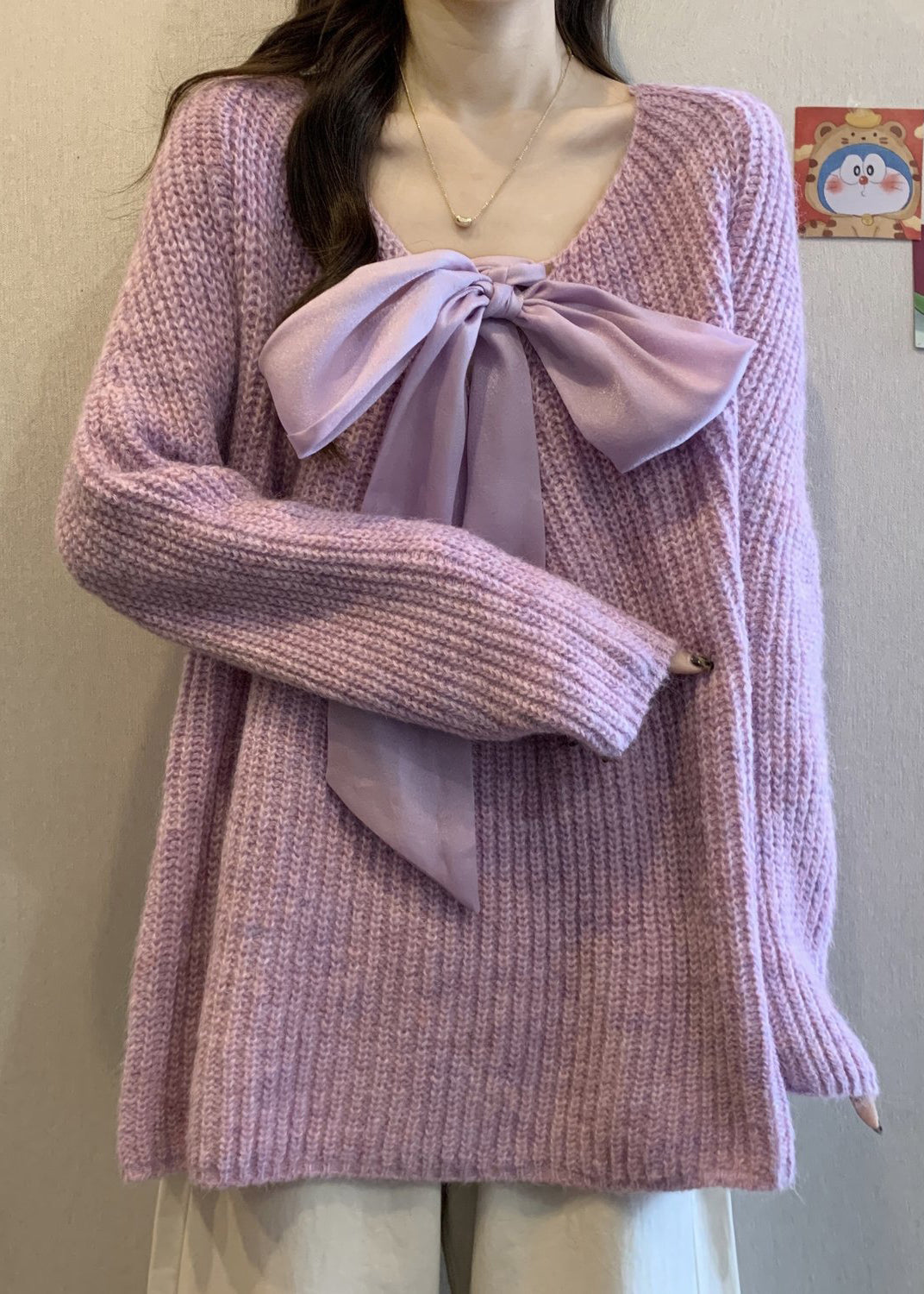 Lavender Oversized Bow Knit Cozy Sweaters Winter