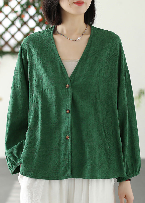 Green V Neck Button Coat Long Sleeve