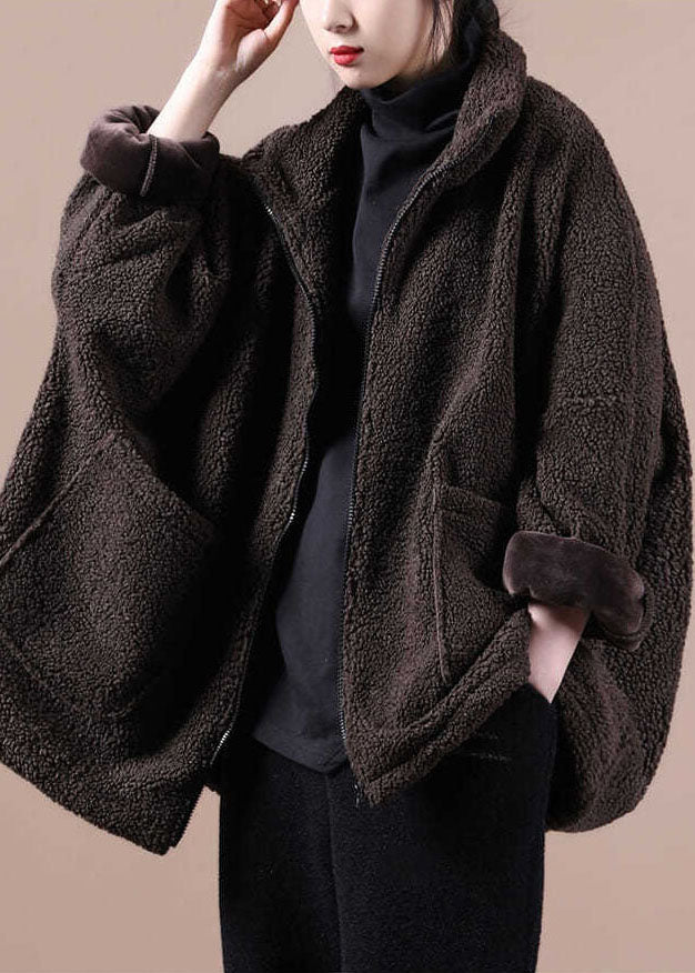 Chocolate Warm Teddy Faux Fur Loose Coats Zip Up Batwing Sleeve