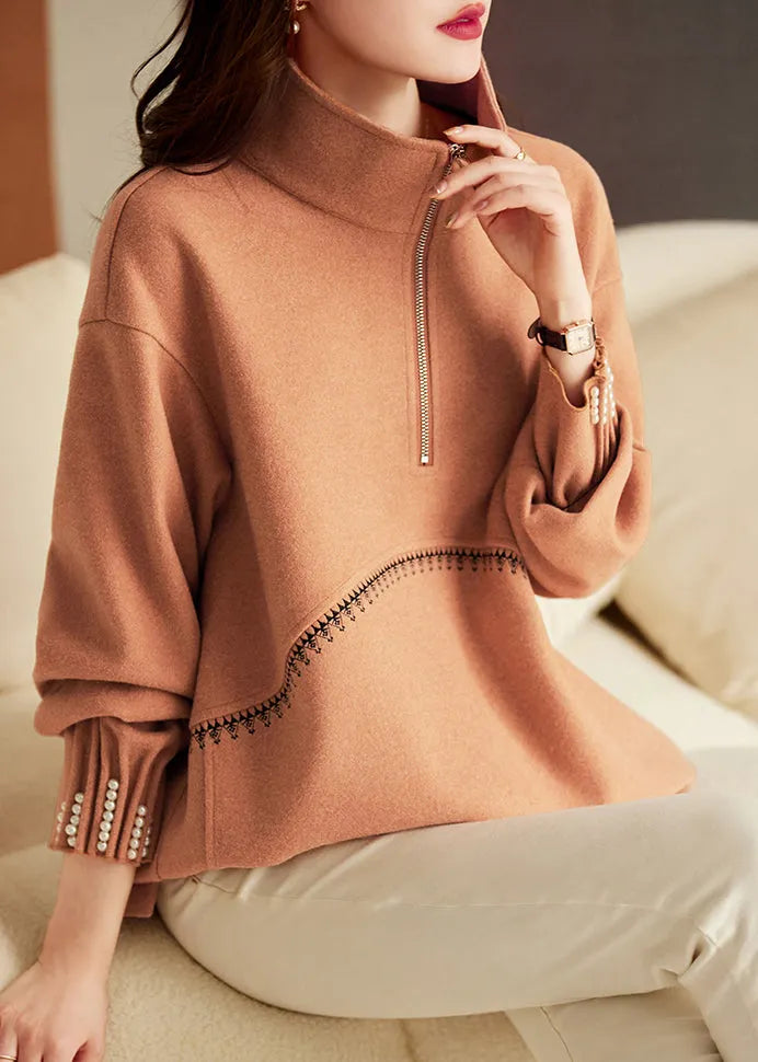 Brown Oversized Nail Bead Cotton Loose Sweatshirts Top Spring
