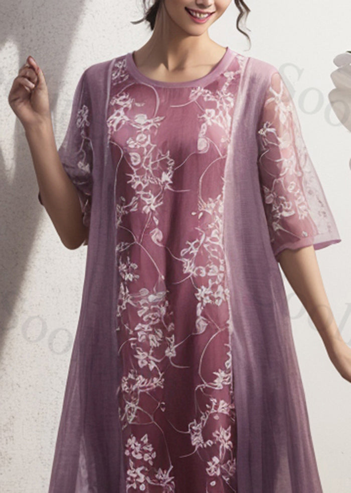 French Purple Print Patchwork Silk Holiday Dress Summer
