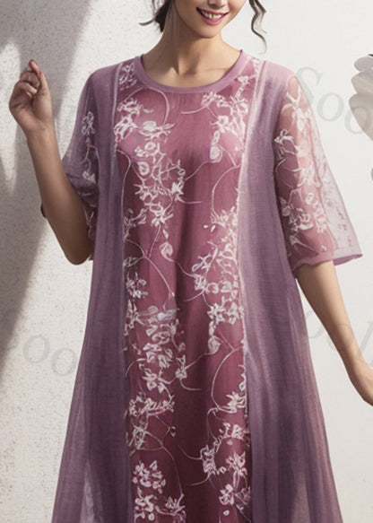French Purple Print Patchwork Silk Holiday Dress Summer