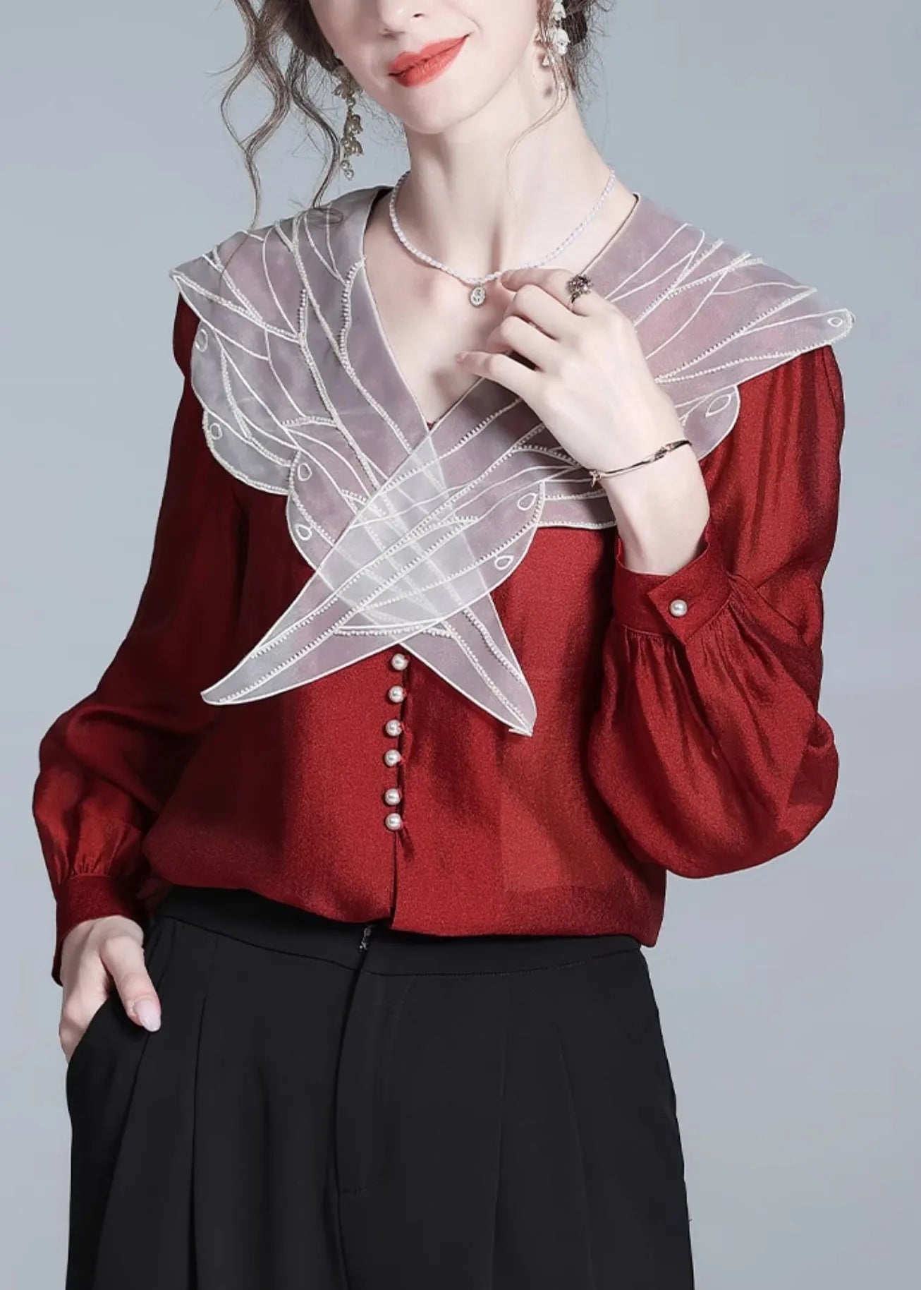 Stylish Red Peter Pan Collar Button Silk Shirt Fall