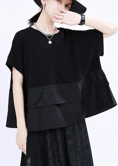 Black O-neck Patchwork Cotton Tops Summer