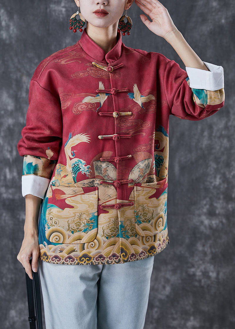Red Mandarin Collar Print Cotton Shirt Top Spring