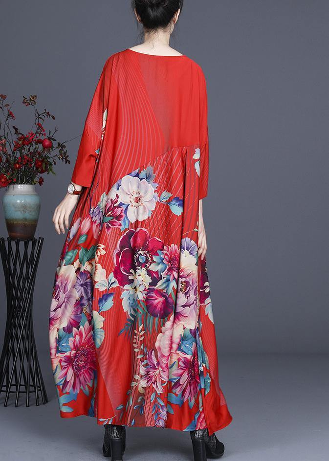 Fine Red Print O-neck Long Silk Dress Summer