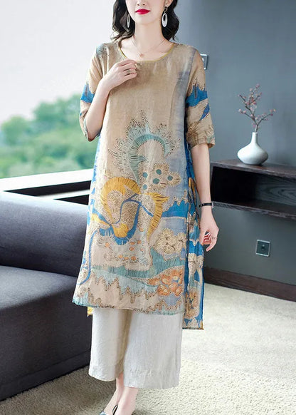 Drawstring Side Open Print Linen Long Tops Half Sleeve