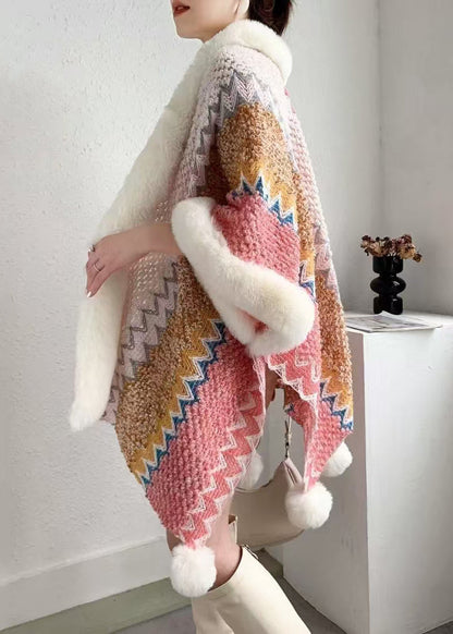 Pink Fur Collar Patchwork Warm Fleece Cape Coats Spring