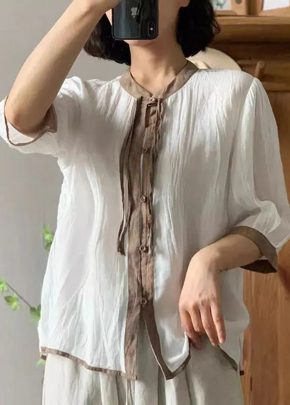 Loose White O-neck Button Linen Shirt Bracelet Sleeve