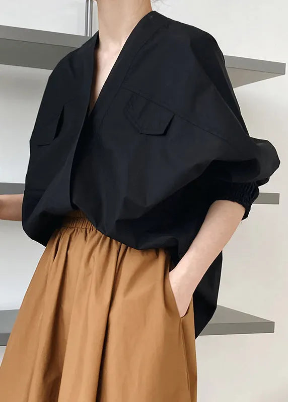 French White V Neck Cotton Shirts Top Batwing Sleeve