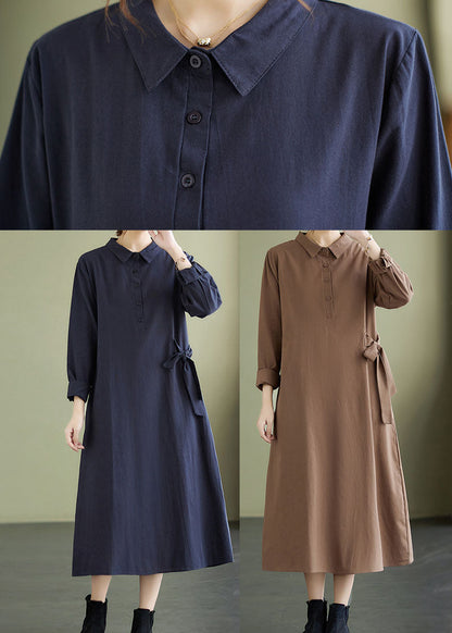 Khaki Peter Pan Collar Tie Waist Cotton Dresses Spring
