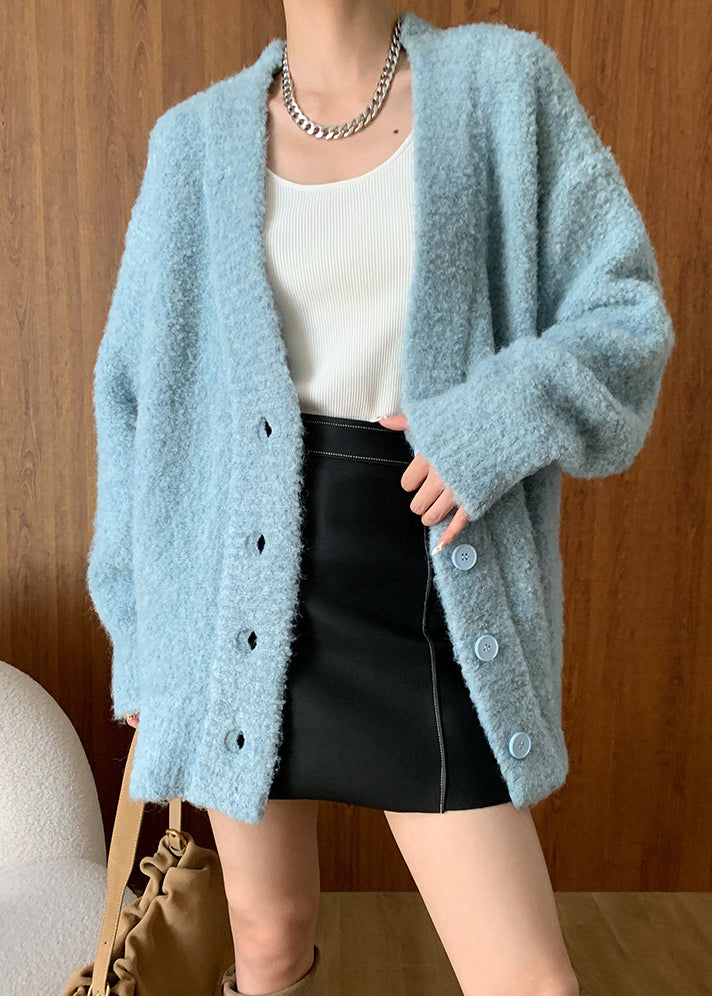Blue V Neck Button Woolen Cardigans Fall