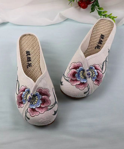 White Wedge Cotton Fabric Embroidery Slide Sandals