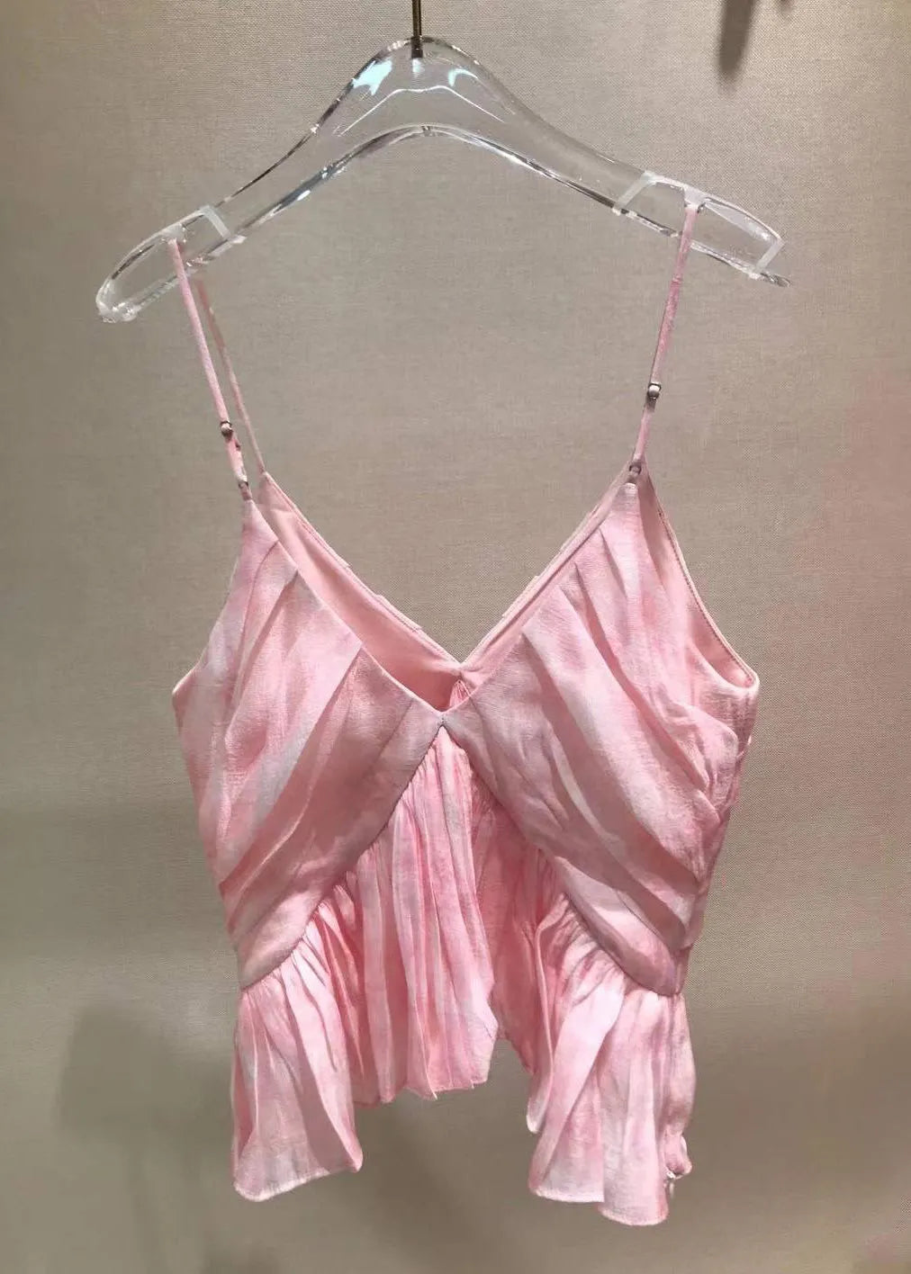Stylish Pink V Neck Wrinkled Spaghetti Strap Tank Sleeveless