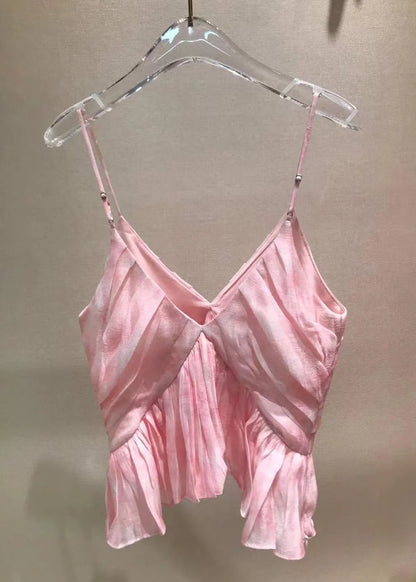 Stylish Pink V Neck Wrinkled Spaghetti Strap Tank Sleeveless