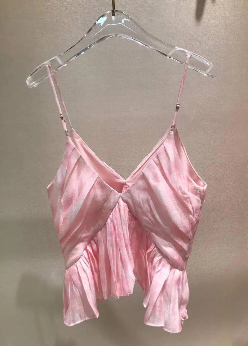 Stylish Pink V Neck Wrinkled Spaghetti Strap Tank Sleeveless