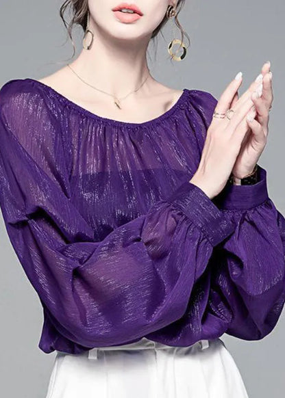 Style Purple Wrinkled Slash Neck Chiffon Tops Puff Sleeve