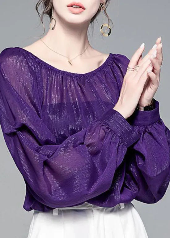 Style Purple Wrinkled Slash Neck Chiffon Tops Puff Sleeve