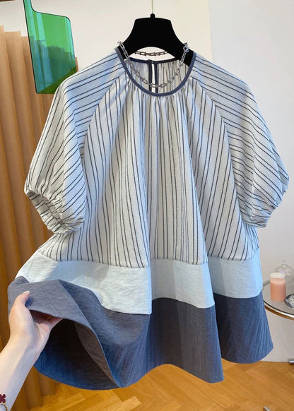 Loose O-neck Striped Button Patchwork Cotton Shirt Summer