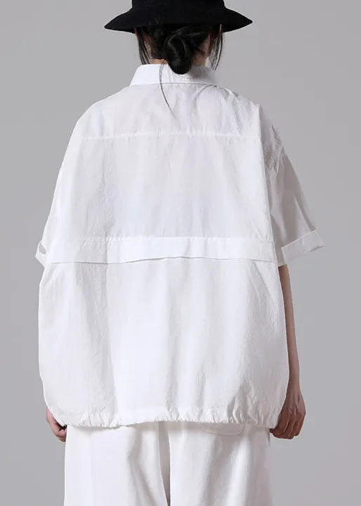 White Loose Cotton Blouse Tops Peter Pan Collar Button Short Sleeve
