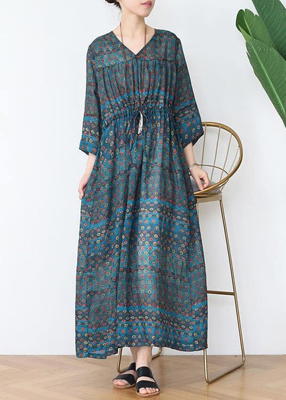 Green Print Cotton V Necktie Waist Spring Long Dress