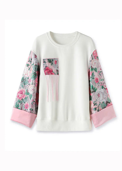 Casualn White O-neck Embroideried Cotton Sweatshirt Fall