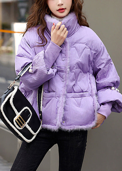 Purple Mink Hair Patchwork Drawstring Duck Down Winter Coats Winter