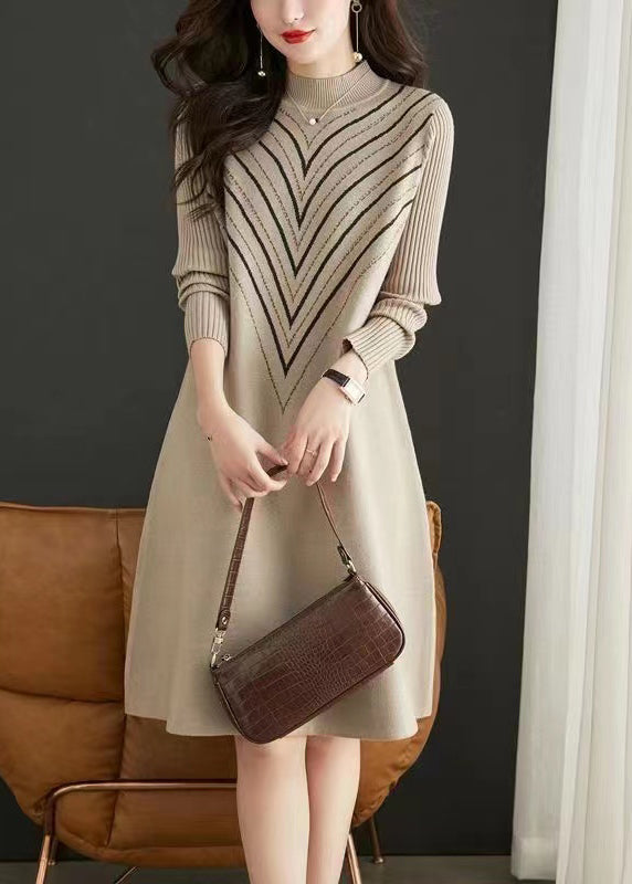 Apricot O Neck Print Zircon Patchwork Knit Dress Fall