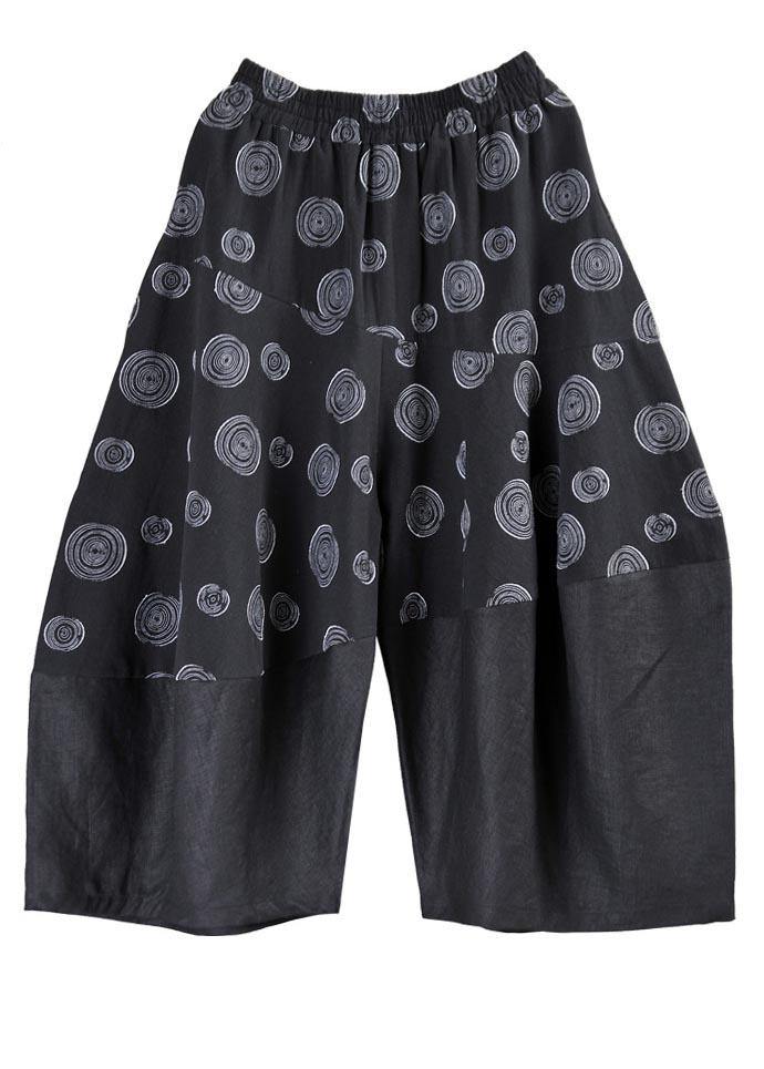 Stylish Black Print Asymmetrical Design Cotton Linen Wide Leg Pants Summer