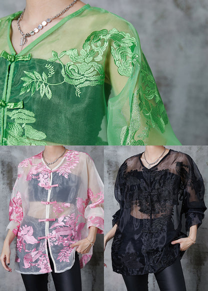 Black Embroidered Hollow Out Organza Blouses Summer