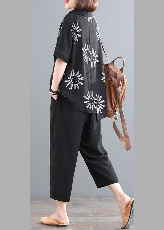 Black Print O-neck Top and Crop Pants Two Pieces Sets Summe