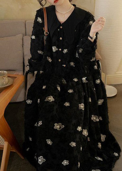 Black Peter Pan Collar Embroideried Cotton Long Dress Spring