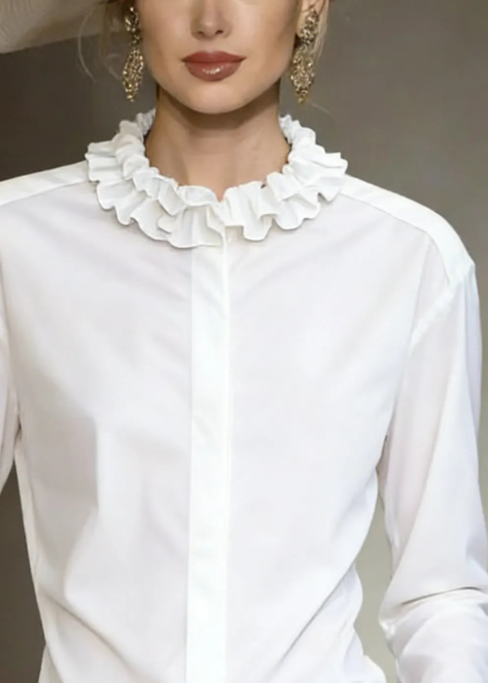 Stylish White Ruffled Button Cotton Shirt Tops Fall