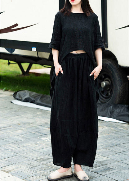 Black Low High Design Linen Tops and Crop Pants Two Pieces Set Summer