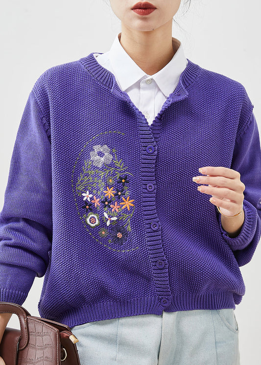 Purple Embroidered Knit Cardigans Spring