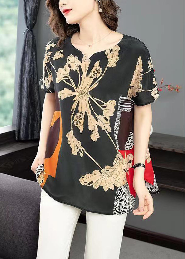 Black Print Side Open Patchwork Silk T Shirt Summer