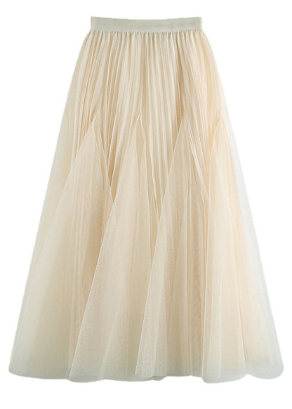 Brown Wrinkled Elastic Waist Tulle Skirts Spring